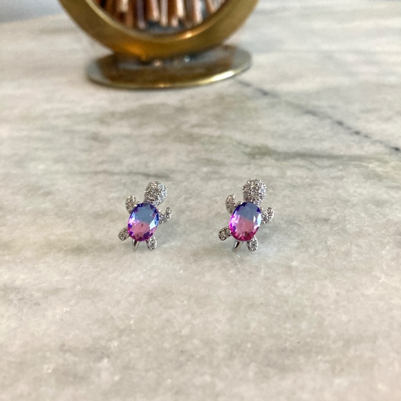 Sterling Silver Rainbow Zircon Stone Blue Purple Turtle Earrings - Picture 2 of 5